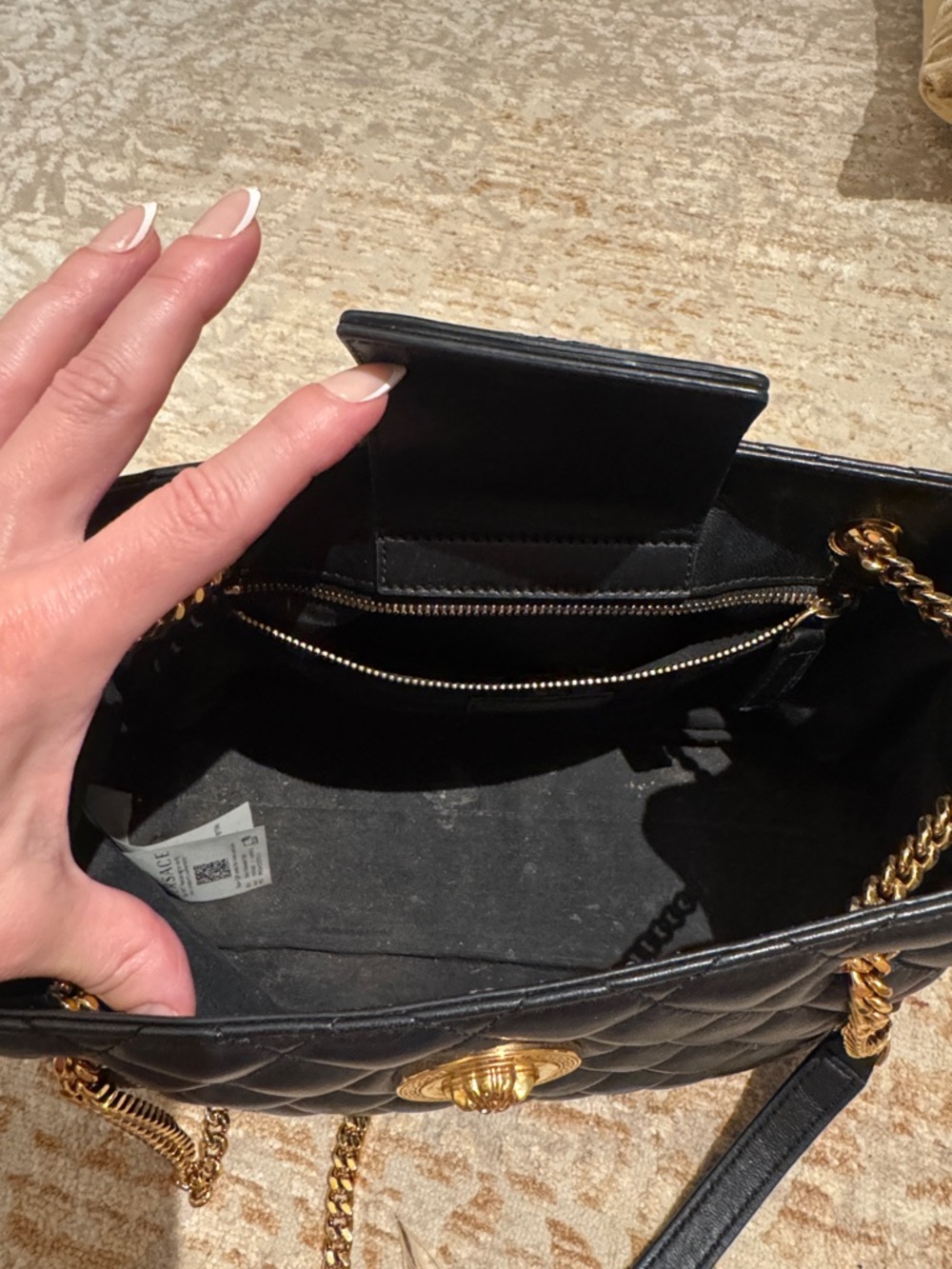 Versace Black Quilted Leather Shoulder Bag with Gold Medallion and Chain - Picture 5 of 7